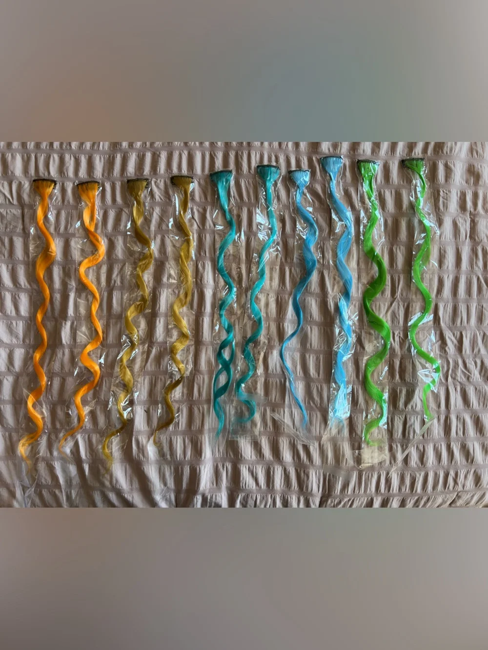 10 Colorful Spiral Hair Extensions - 2 Orange, 2 Yellow, 2 Teal, 2 Blue, 2 Green